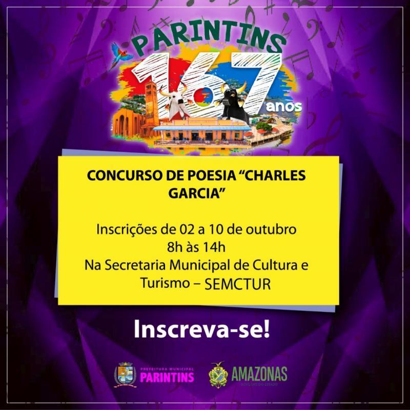 Aniversário de Parintins: abertas as inscrições para o Concurso de Poesia “Charles Garcia”