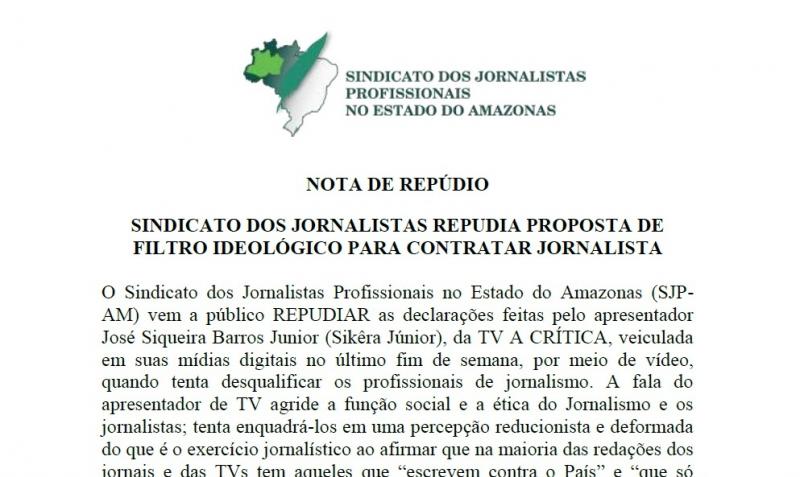 Sindicato dos Jornalistas repudia proposta de filtro ideológico para contratar jornalista