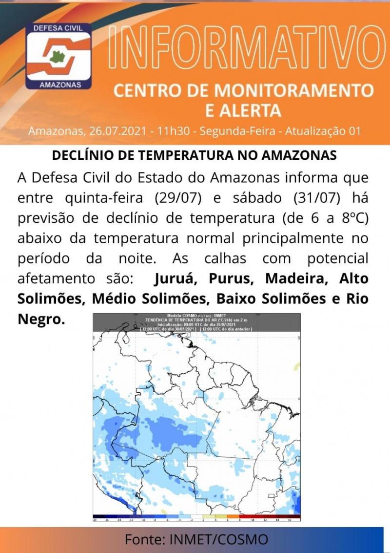 Em nota, Defesa Civil do Amazonas informa que não existe qualquer previsão da temperatura chegar a -6°C 