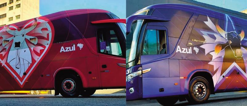 Ônibus temáticos com imagens de Caprichoso e Garantido divulgam Festival de Parintins pelas ruas de São Paulo