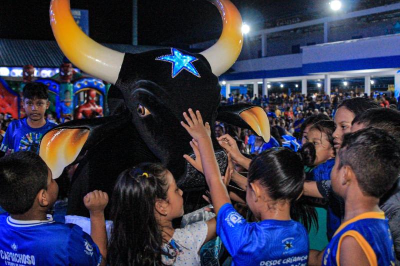 Tarde Alegre: Curumins e cunhantãs do Caprichoso mantem viva a brincadeira de boi em Parintins