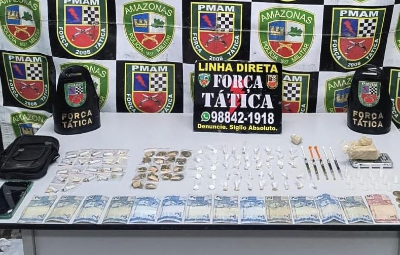 Em ações na capital e no interior, Polícia Militar do Amazonas prende cinco pessoas e apreende drogas, arma e mais de R$ 1,5 mil